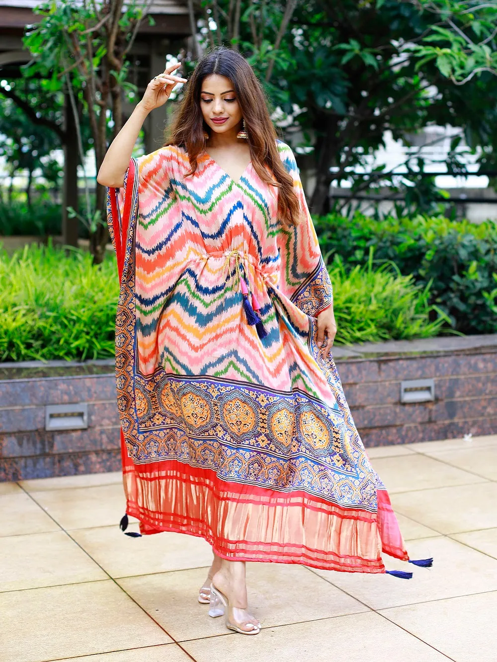 Multi Color Digital bandhej Printed Pure Gaji Silk Kaftan