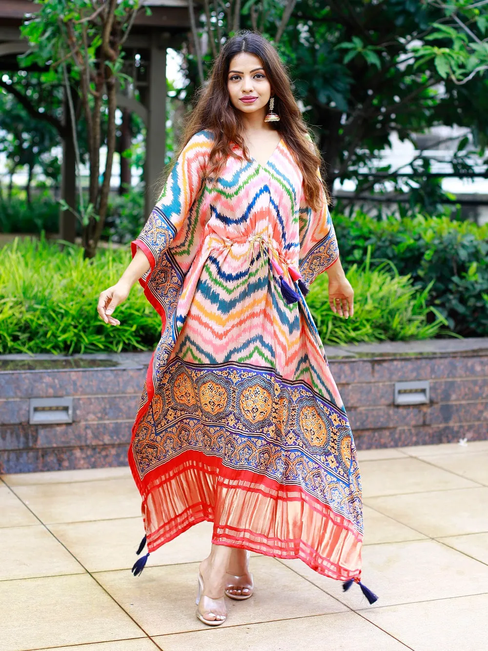 Multi Color Digital bandhej Printed Pure Gaji Silk Kaftan