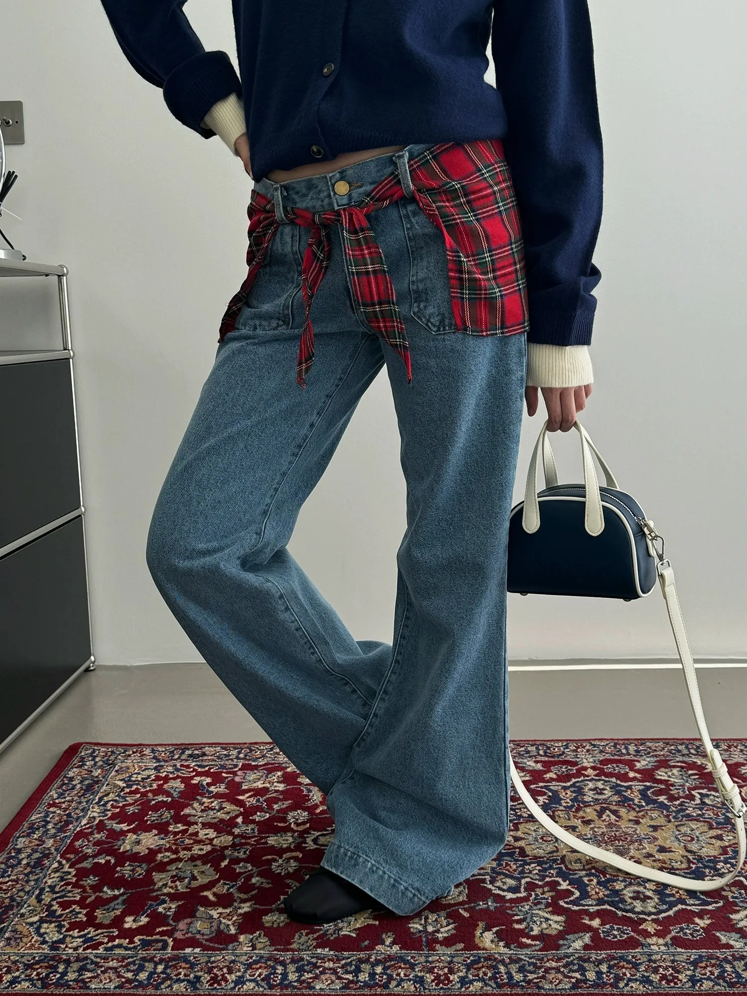Nine Detachable Plaid Straight Jeans
