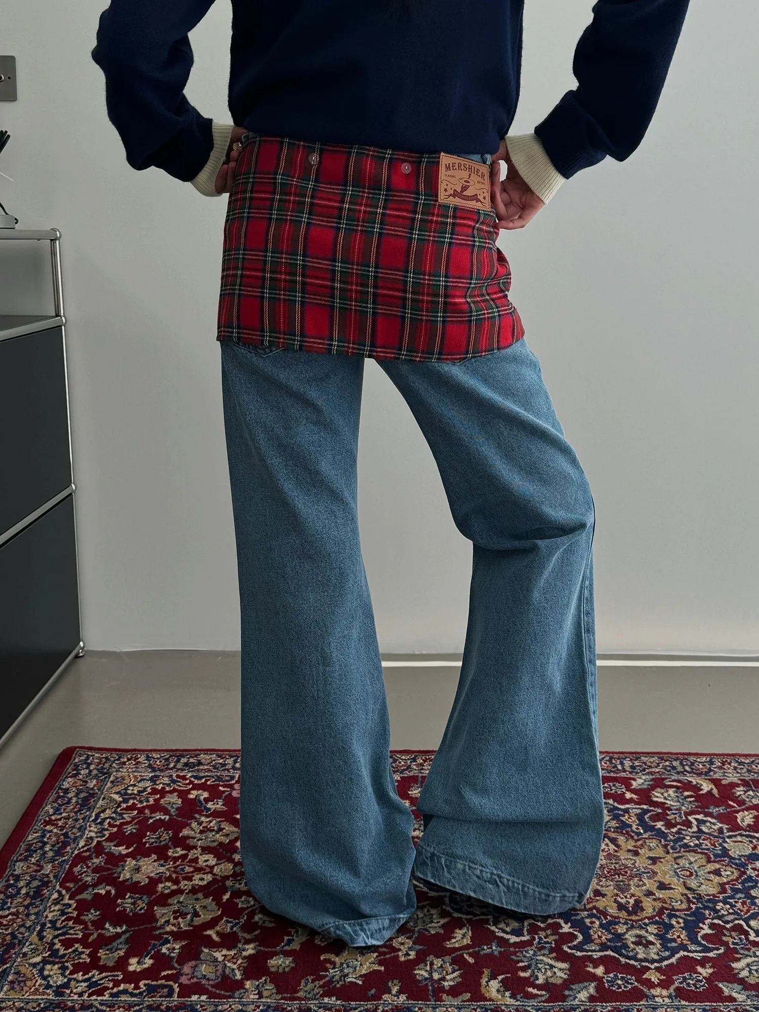 Nine Detachable Plaid Straight Jeans