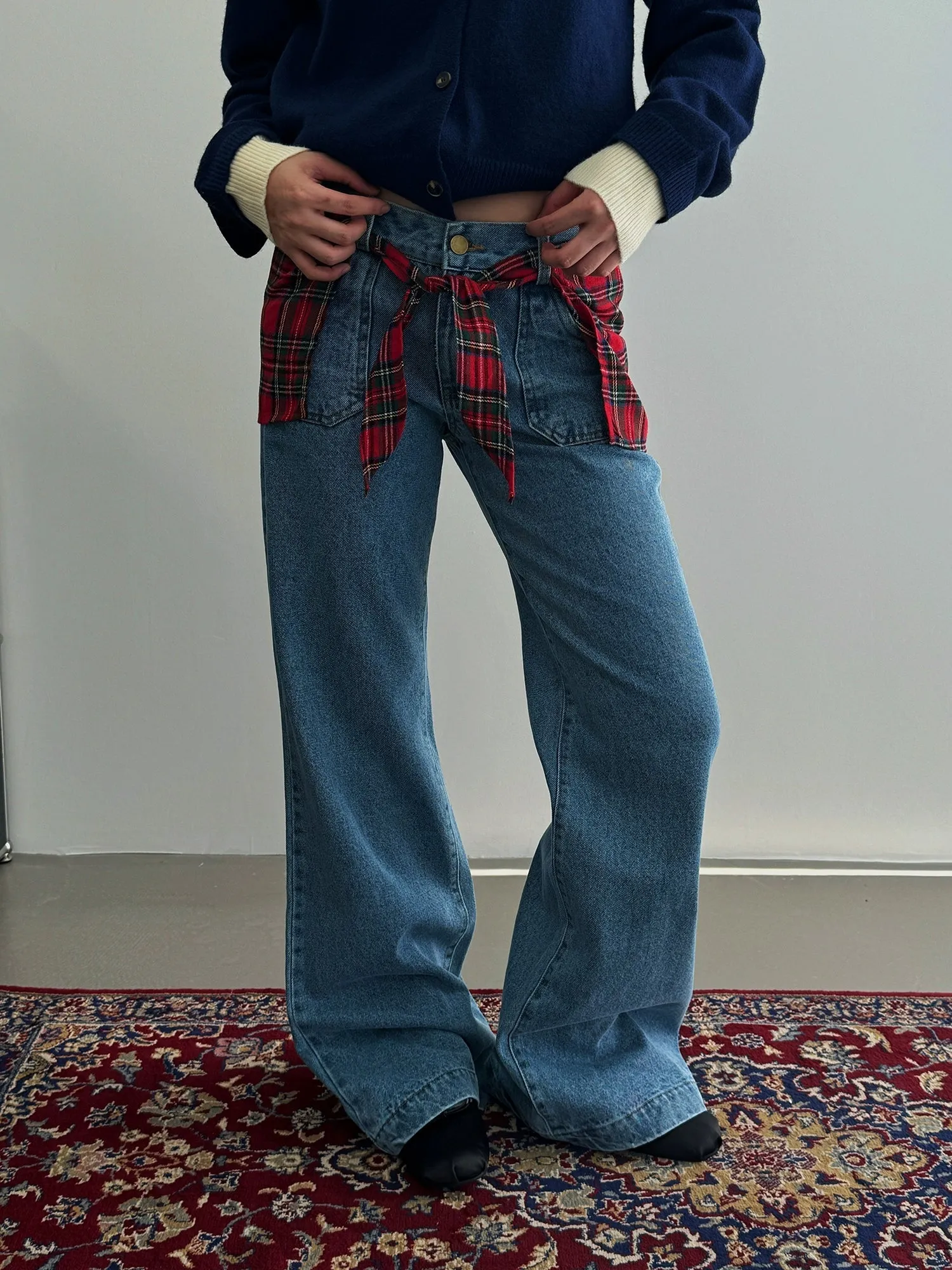 Nine Detachable Plaid Straight Jeans