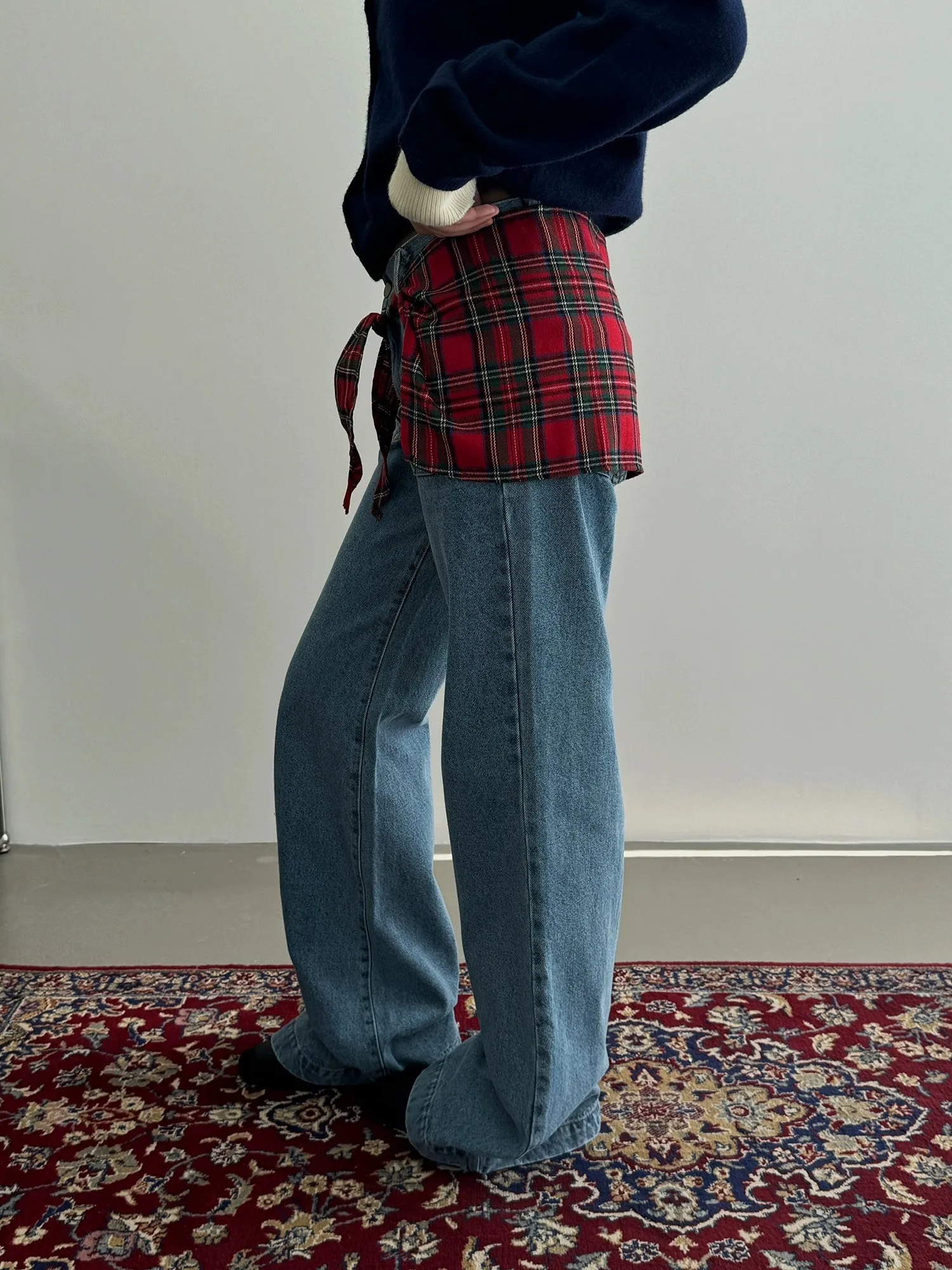 Nine Detachable Plaid Straight Jeans