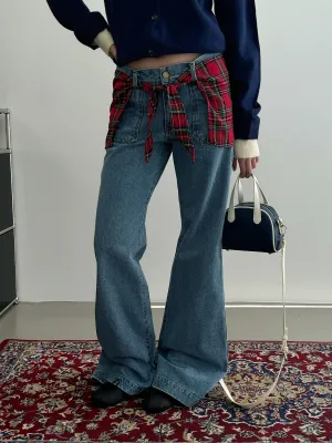 Nine Detachable Plaid Straight Jeans