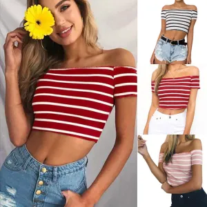 Off Shoulder Short Sleeve Striped Crop Top