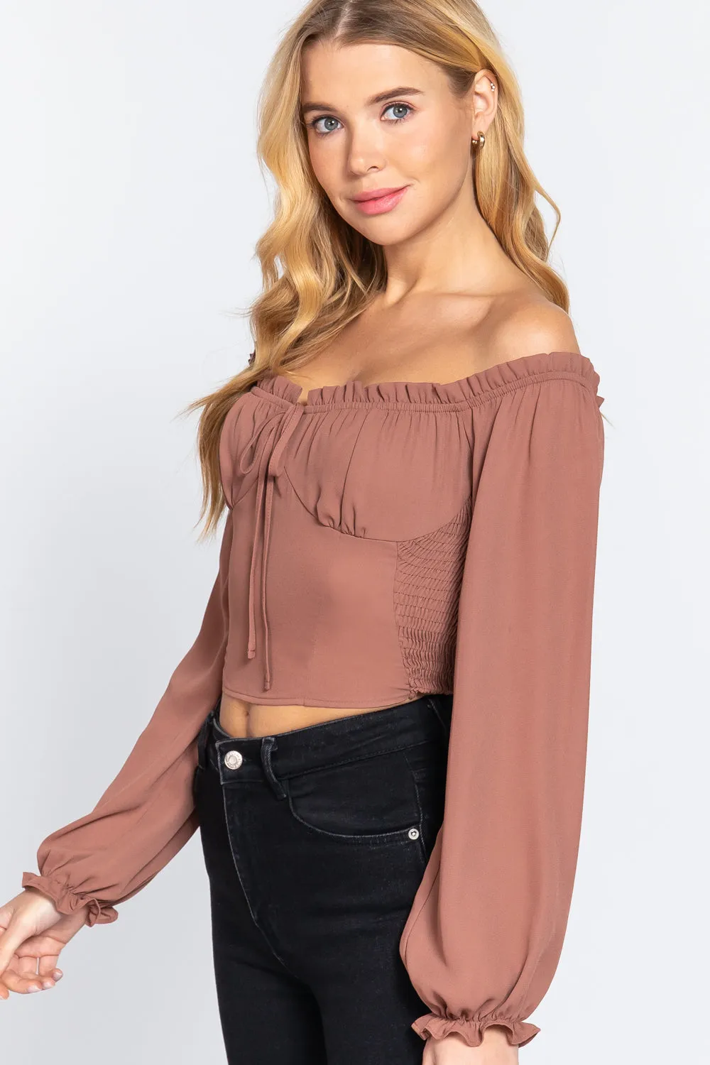 Off Shoulder Smocking Woven Top - 3 colors
