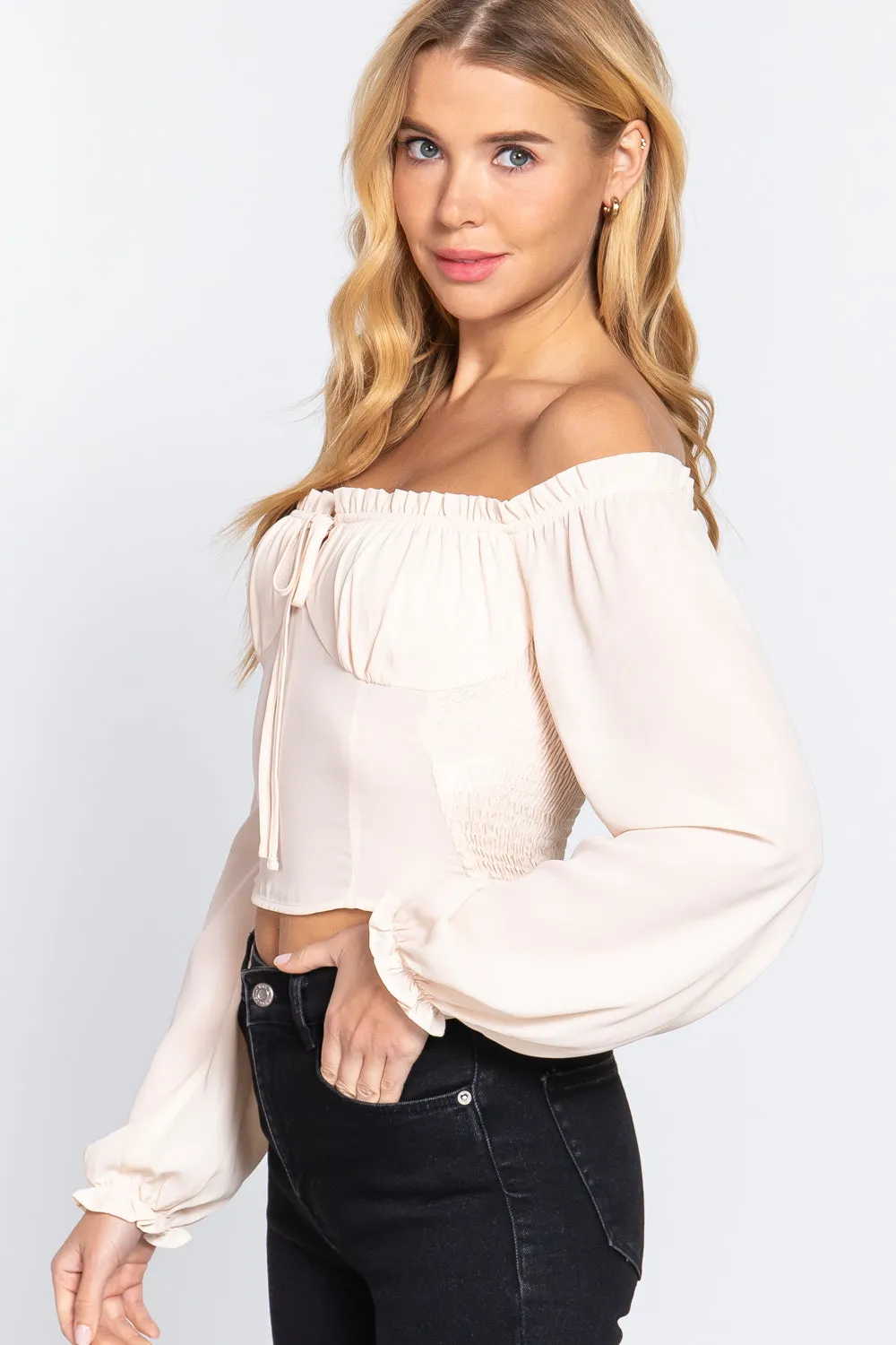 Off Shoulder Smocking Woven Top - 3 colors