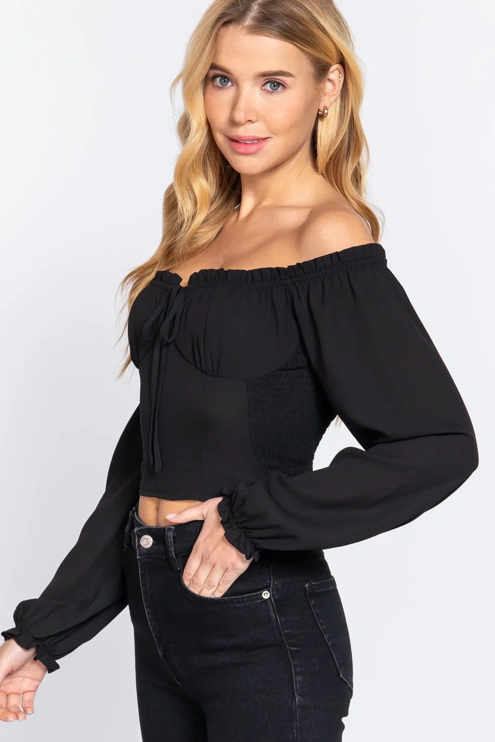 Off Shoulder Smocking Woven Top - 3 colors