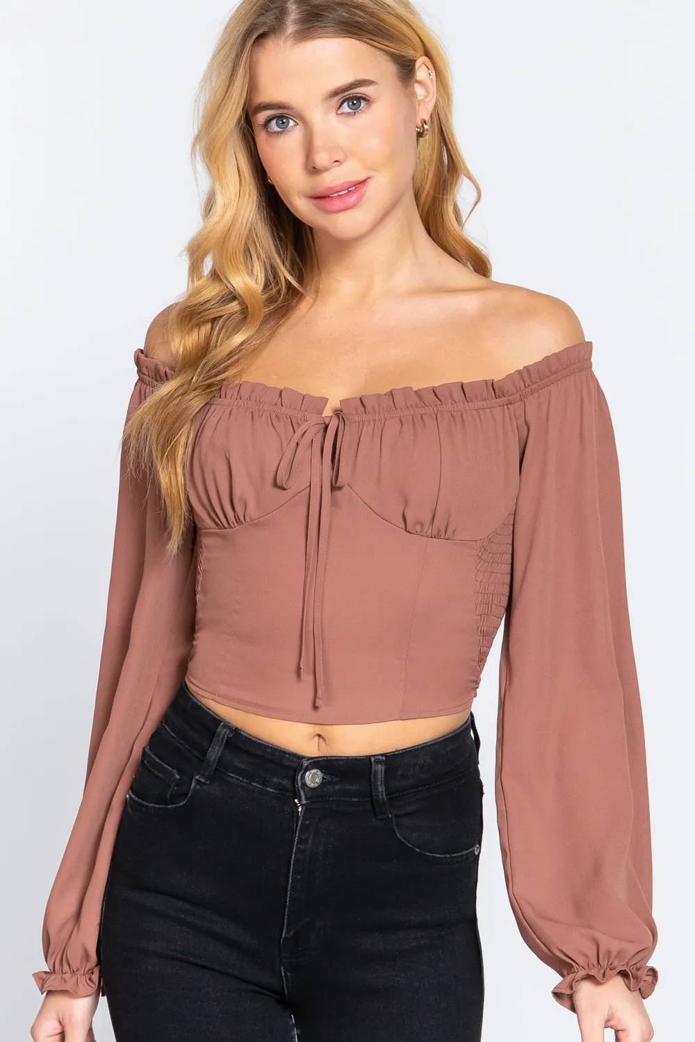 Off Shoulder Smocking Woven Top - 3 colors
