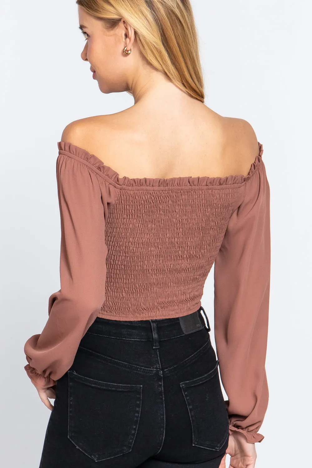 Off Shoulder Smocking Woven Top - 3 colors