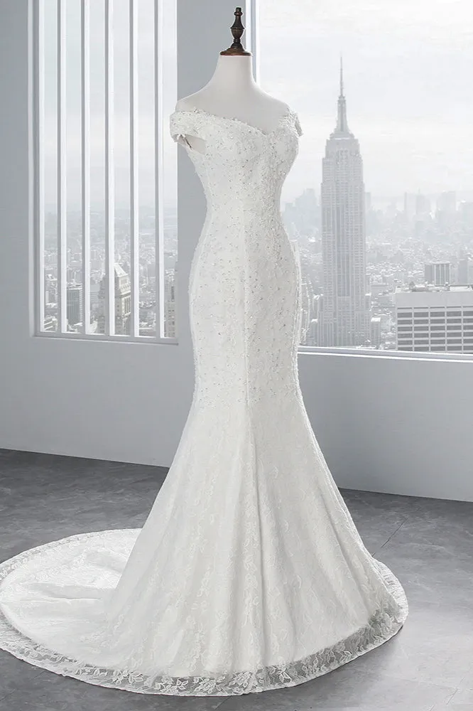 Off-the-Shoulder Long Mermaid Wedding Dress with Lace