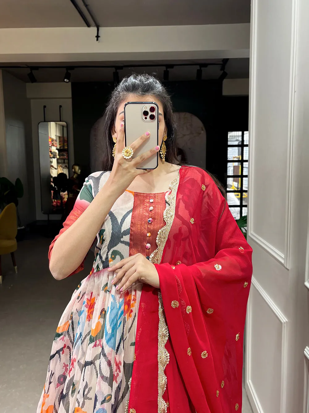 Off White Color Printed With Weaving Work Patta Soft Chanderi  Dress