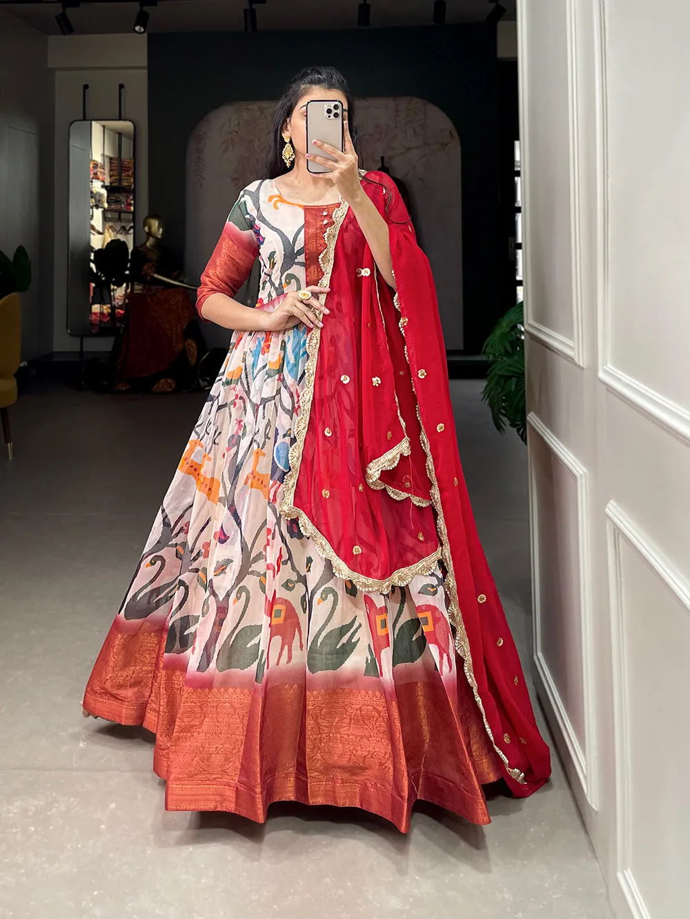 Off White Color Printed With Weaving Work Patta Soft Chanderi  Dress