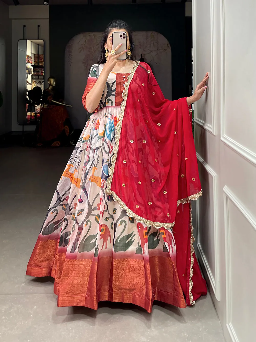 Off White Color Printed With Weaving Work Patta Soft Chanderi  Dress