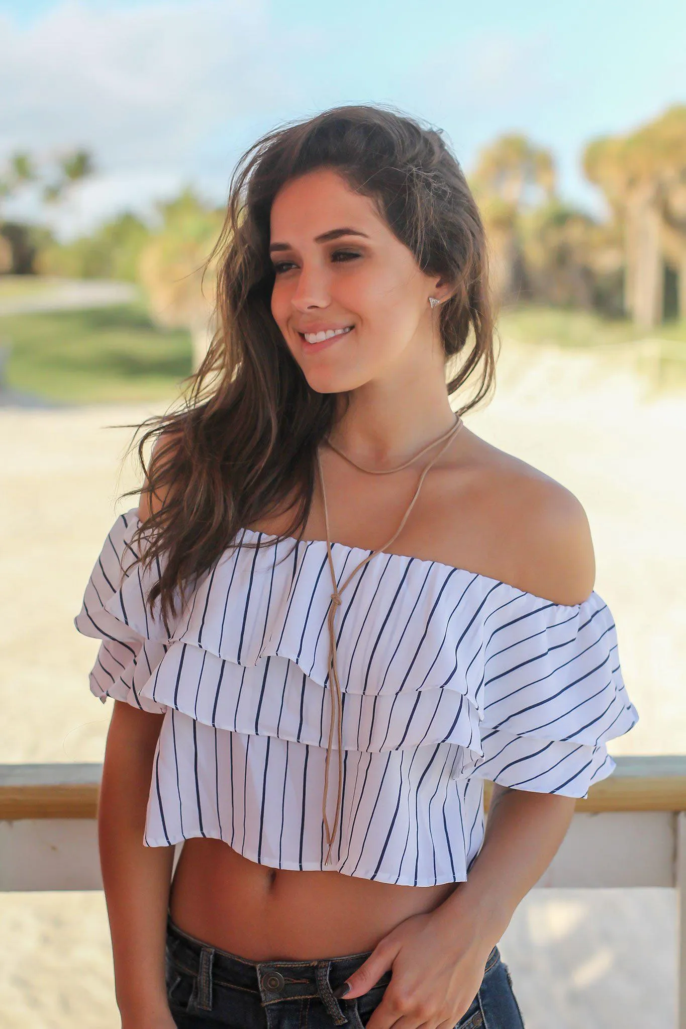 Off White Striped Off Shoulder Top