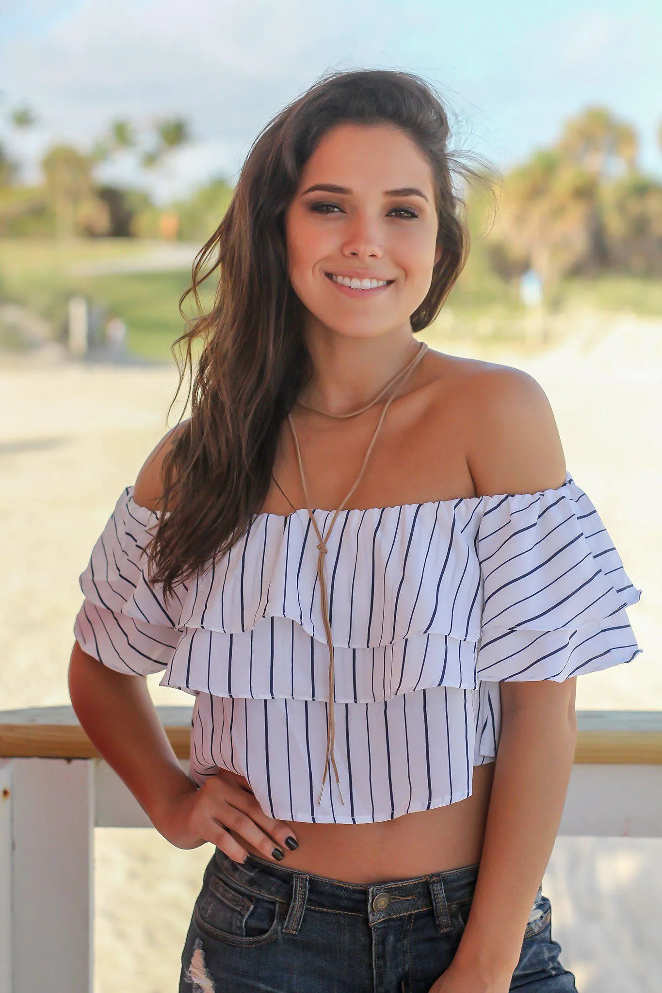 Off White Striped Off Shoulder Top