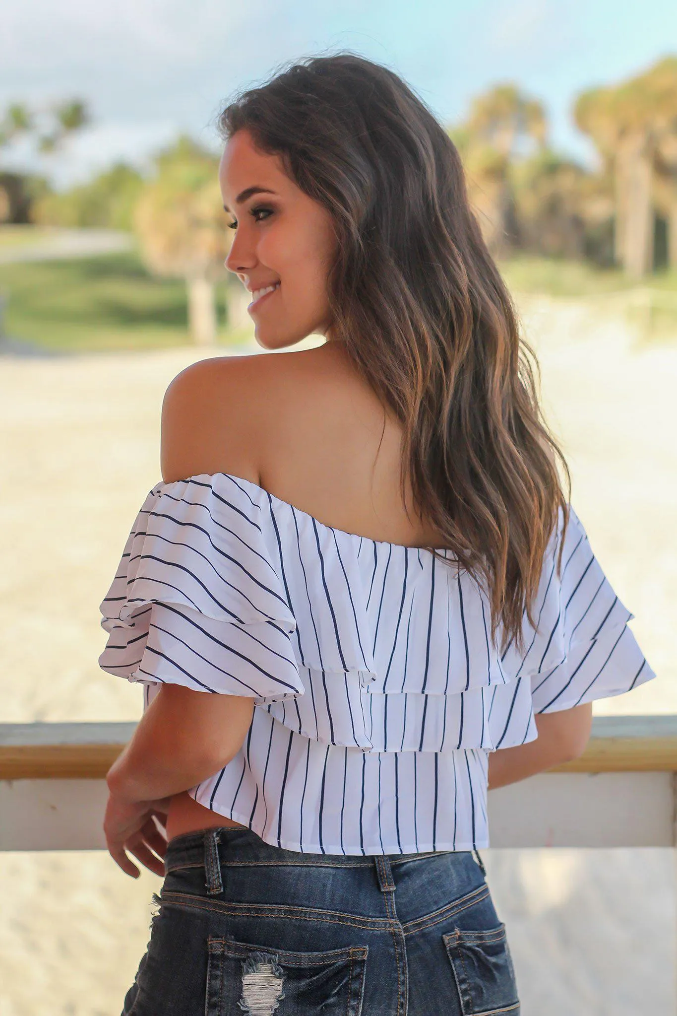 Off White Striped Off Shoulder Top
