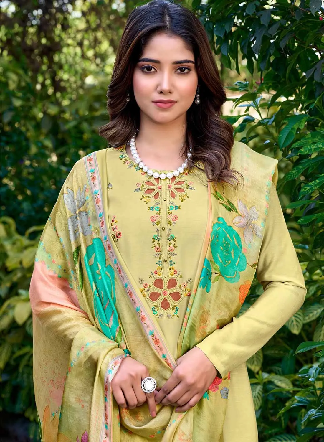 Party Wear Pure Muslin Silk Unstitched Suit Material with Dupatta