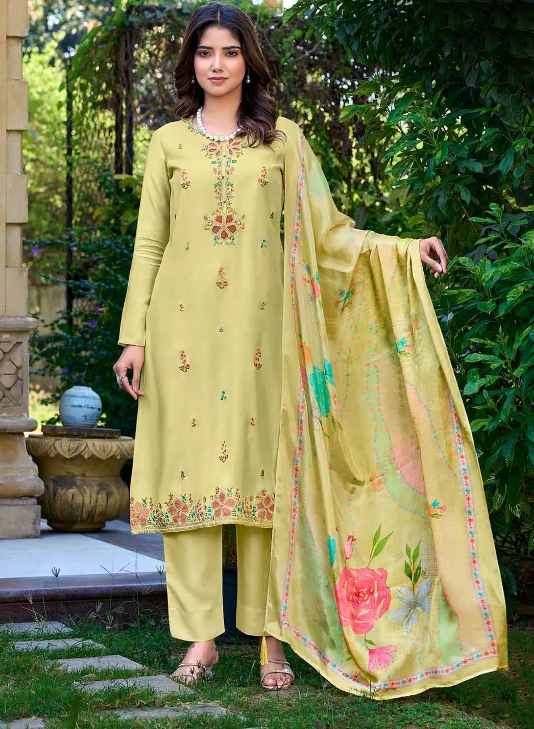 Party Wear Pure Muslin Silk Unstitched Suit Material with Dupatta