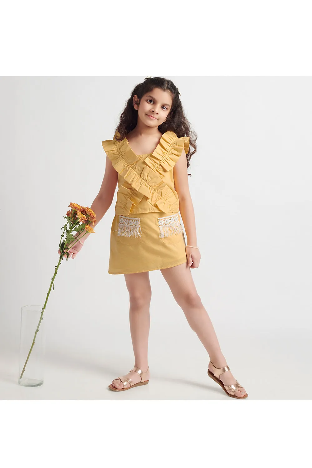 Pastel Mustard Yellow Criss Cross Top With Skirt Set