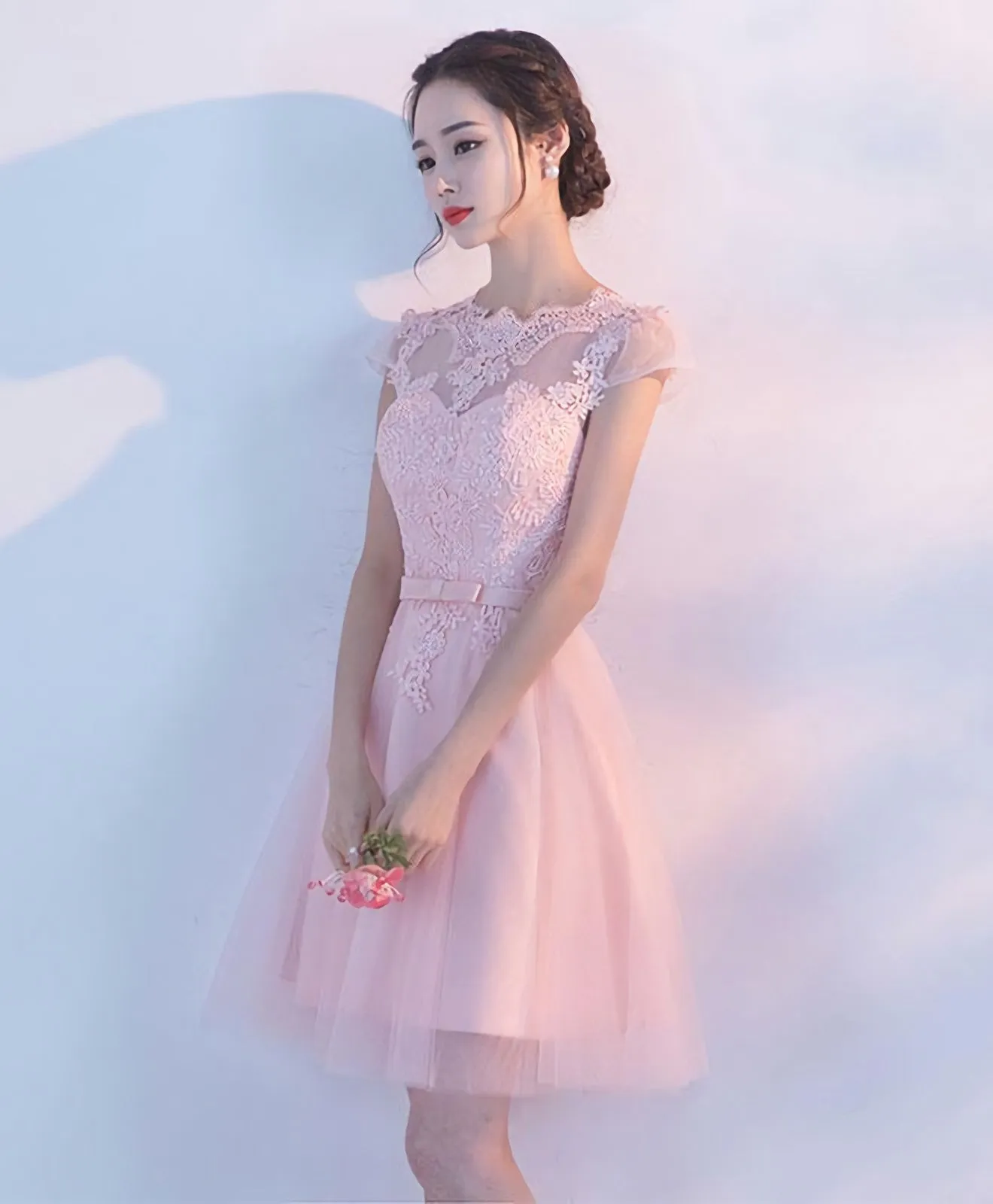 Pink A Line Tulle Lace Short Prom Dress Homecoming Dress 1