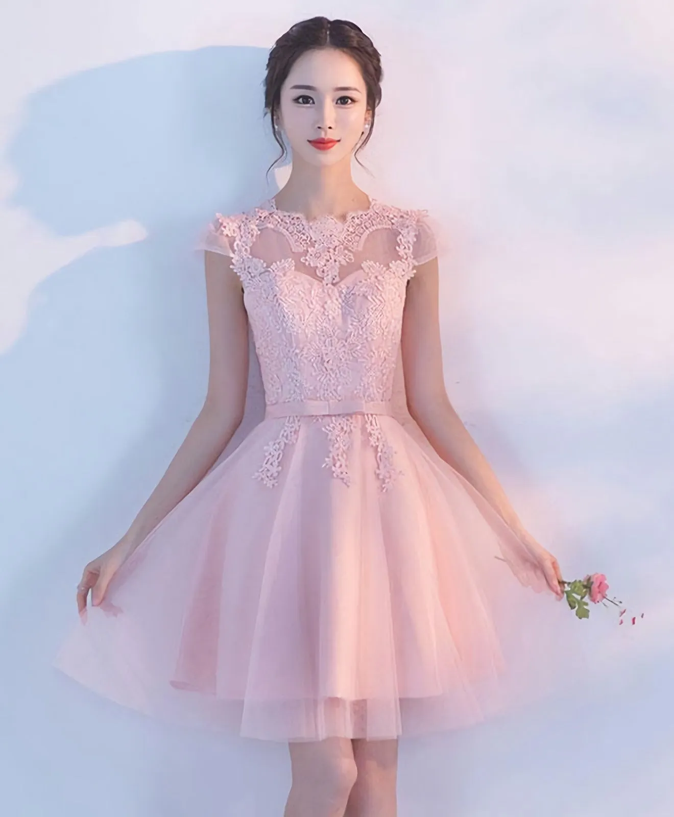 Pink A Line Tulle Lace Short Prom Dress Homecoming Dress 1