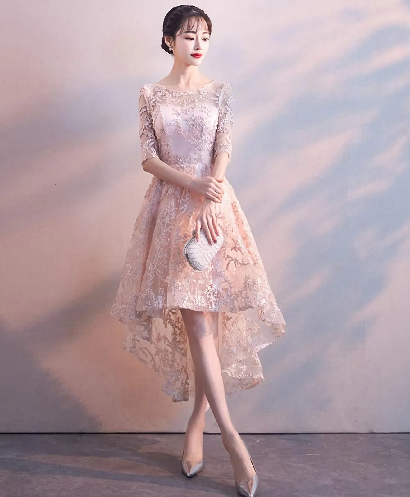 Pink Round Neck Lace Short Prom Dress Pink Homecoming Dress 1