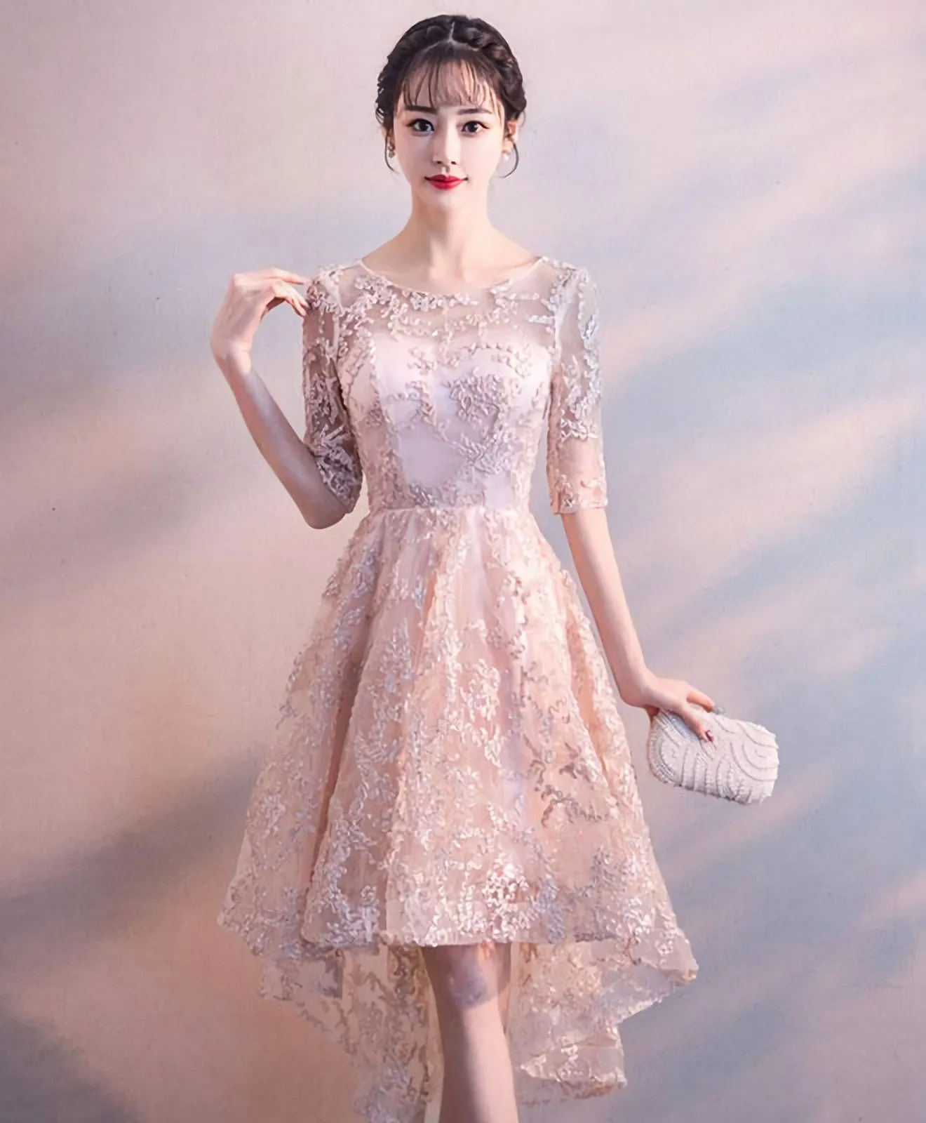 Pink Round Neck Lace Short Prom Dress Pink Homecoming Dress 1