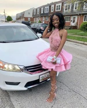 Pink Short Homecoming Dress With Top Lace