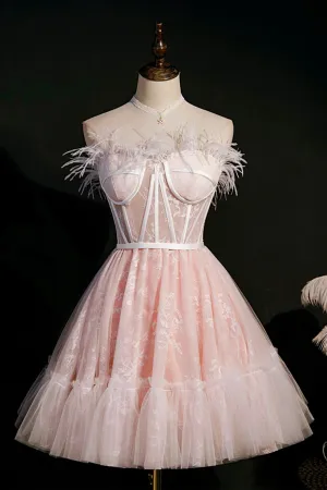 Pink Strapless Lace Short Prom Dress A-Line Party Dress with Feather