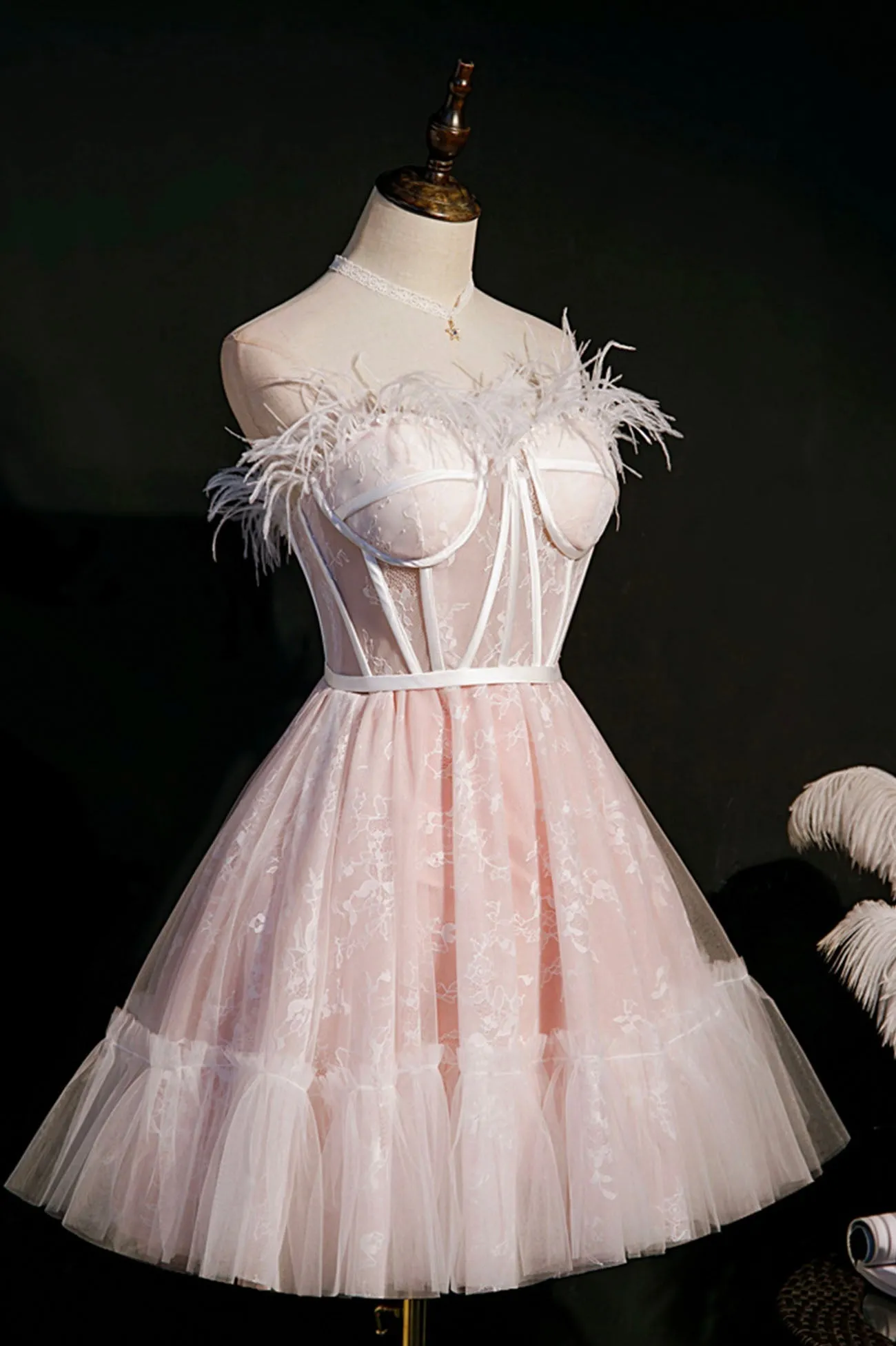 Pink Strapless Lace Short Prom Dress A-Line Party Dress with Feather