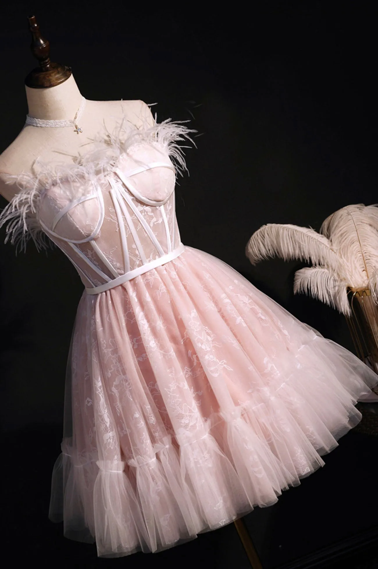 Pink Strapless Lace Short Prom Dress A-Line Party Dress with Feather
