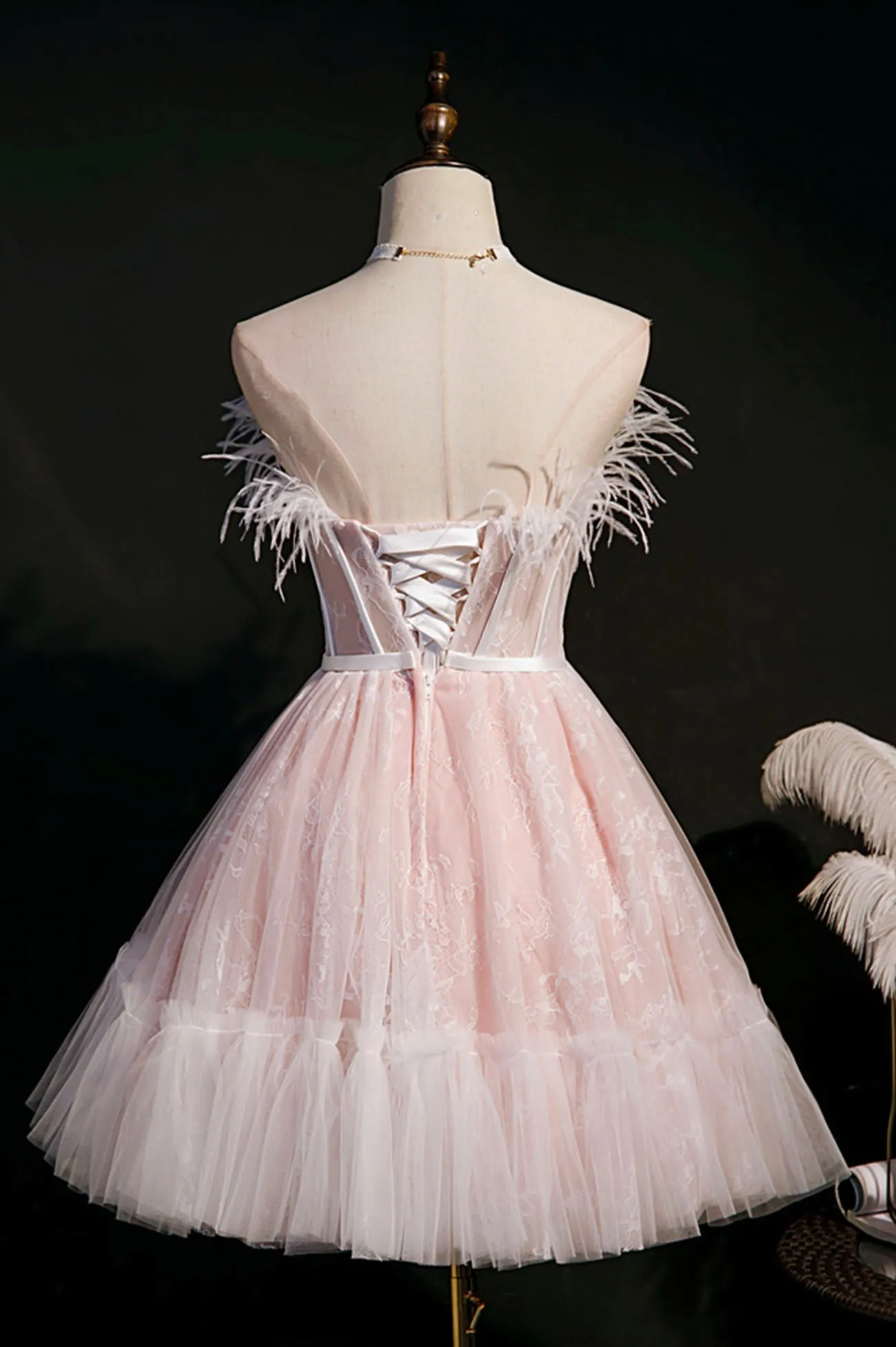 Pink Strapless Lace Short Prom Dress A-Line Party Dress with Feather