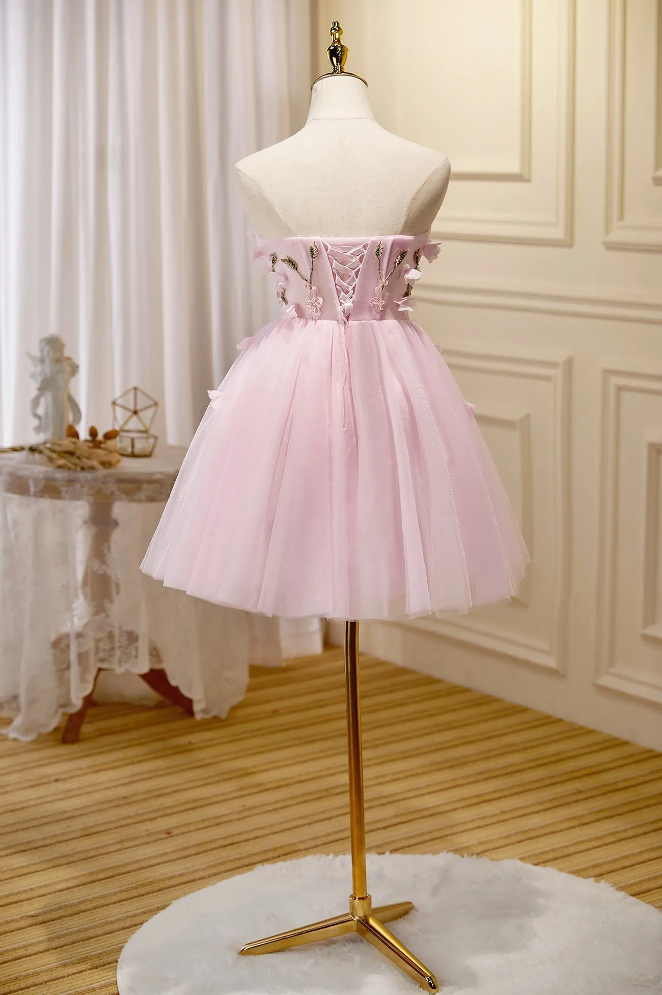 Pink Tulle Short Prom Dress Pink A-Line Strapless Homecoming Dress