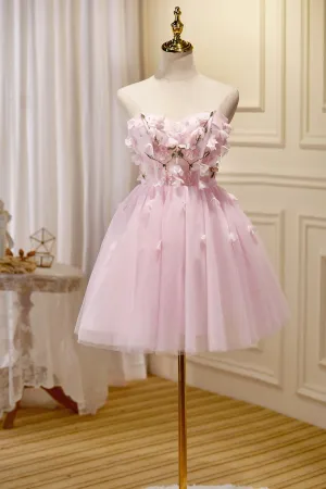 Pink Tulle Short Prom Dress Pink A-Line Strapless Homecoming Dress