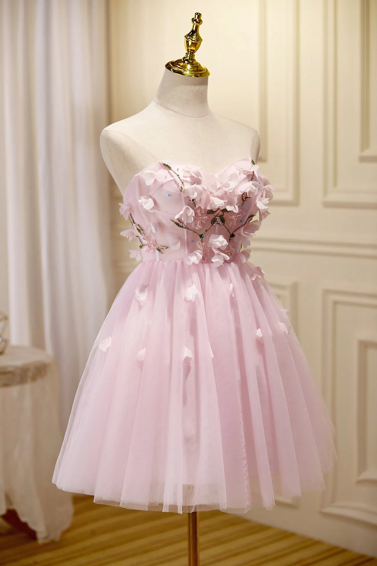 Pink Tulle Short Prom Dress Pink A-Line Strapless Homecoming Dress