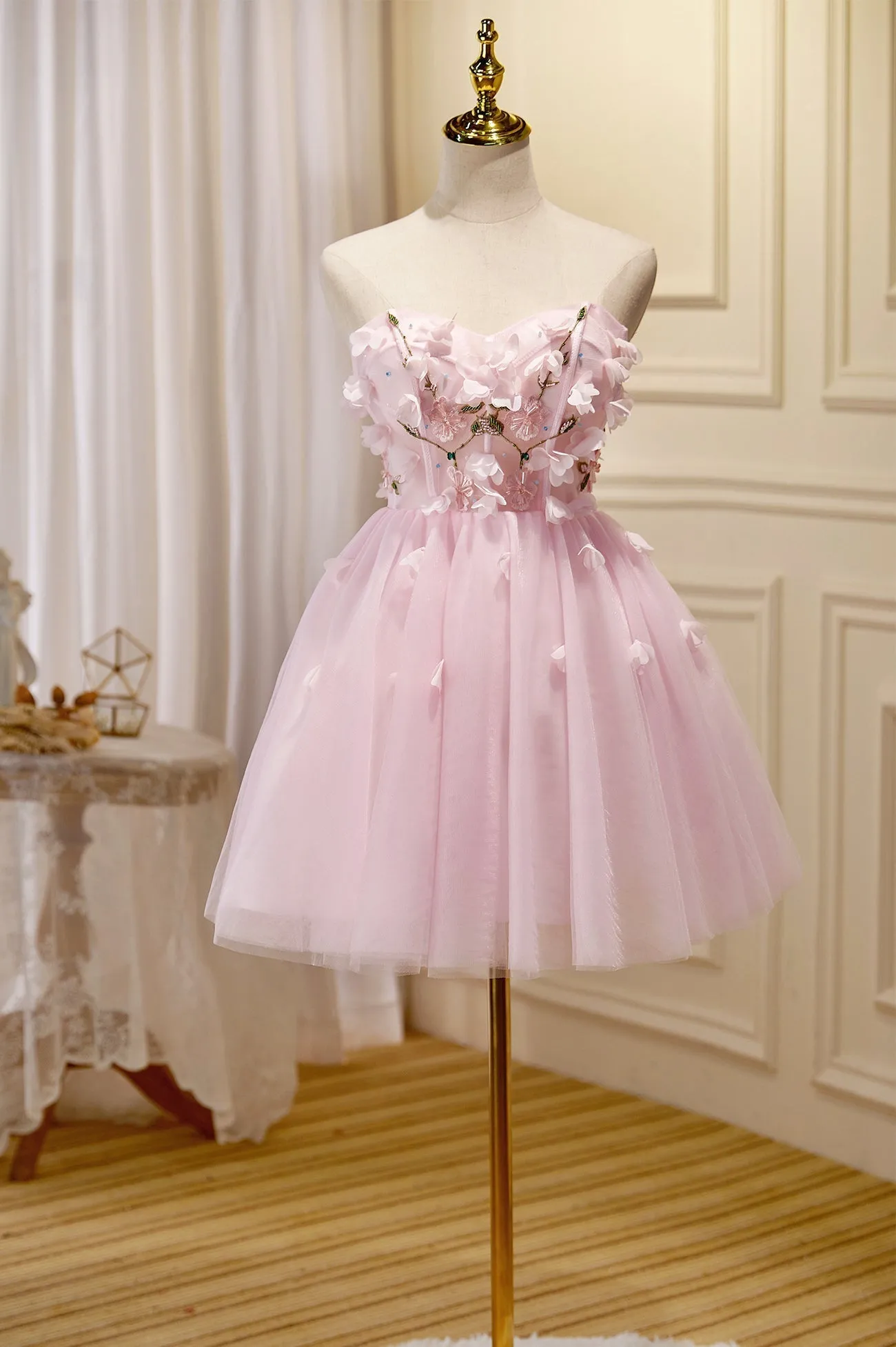 Pink Tulle Short Prom Dress Pink A-Line Strapless Homecoming Dress