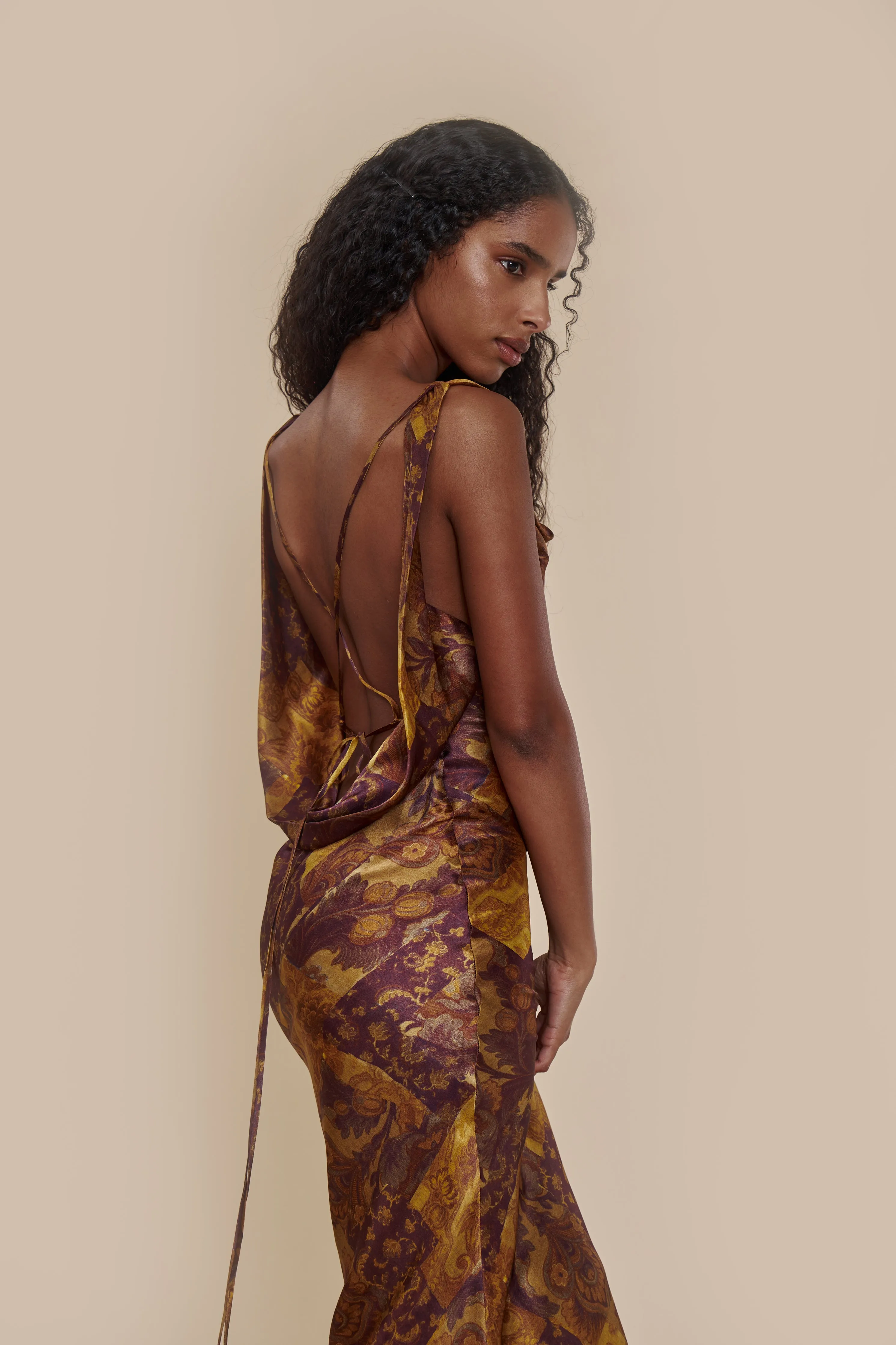 Plunging Back Cowl Dress Gold Mosaic