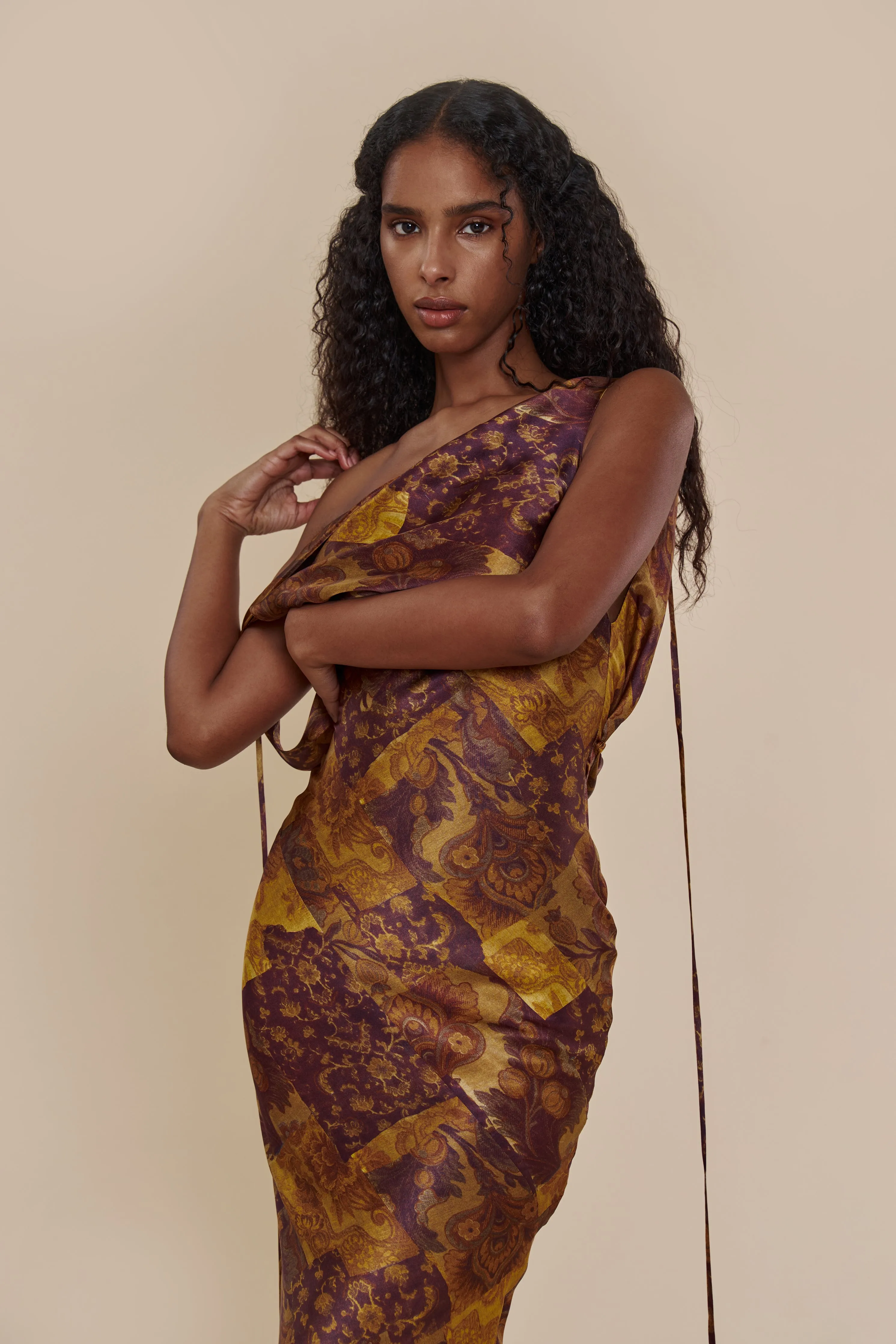 Plunging Back Cowl Dress Gold Mosaic