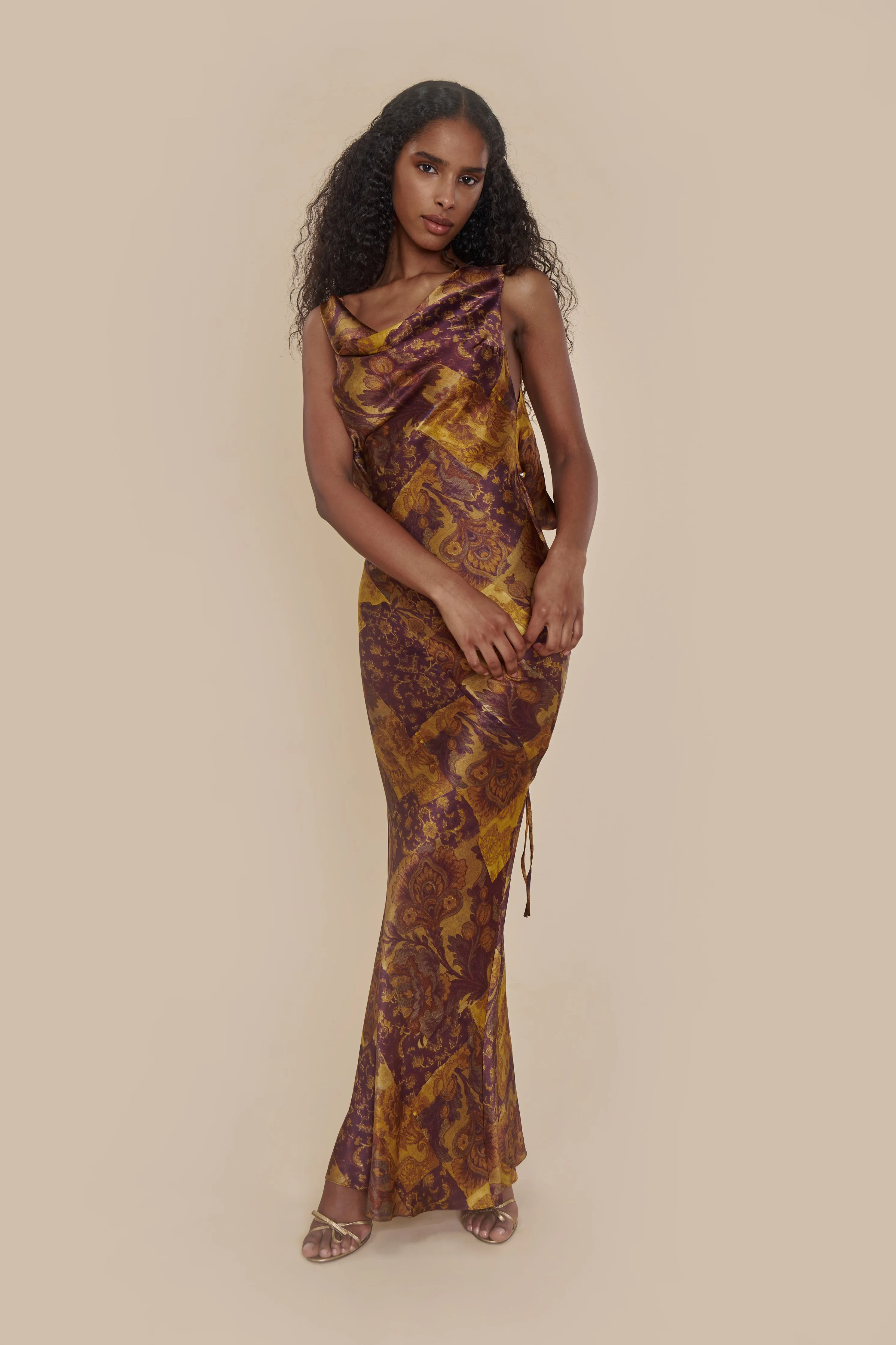 Plunging Back Cowl Dress Gold Mosaic