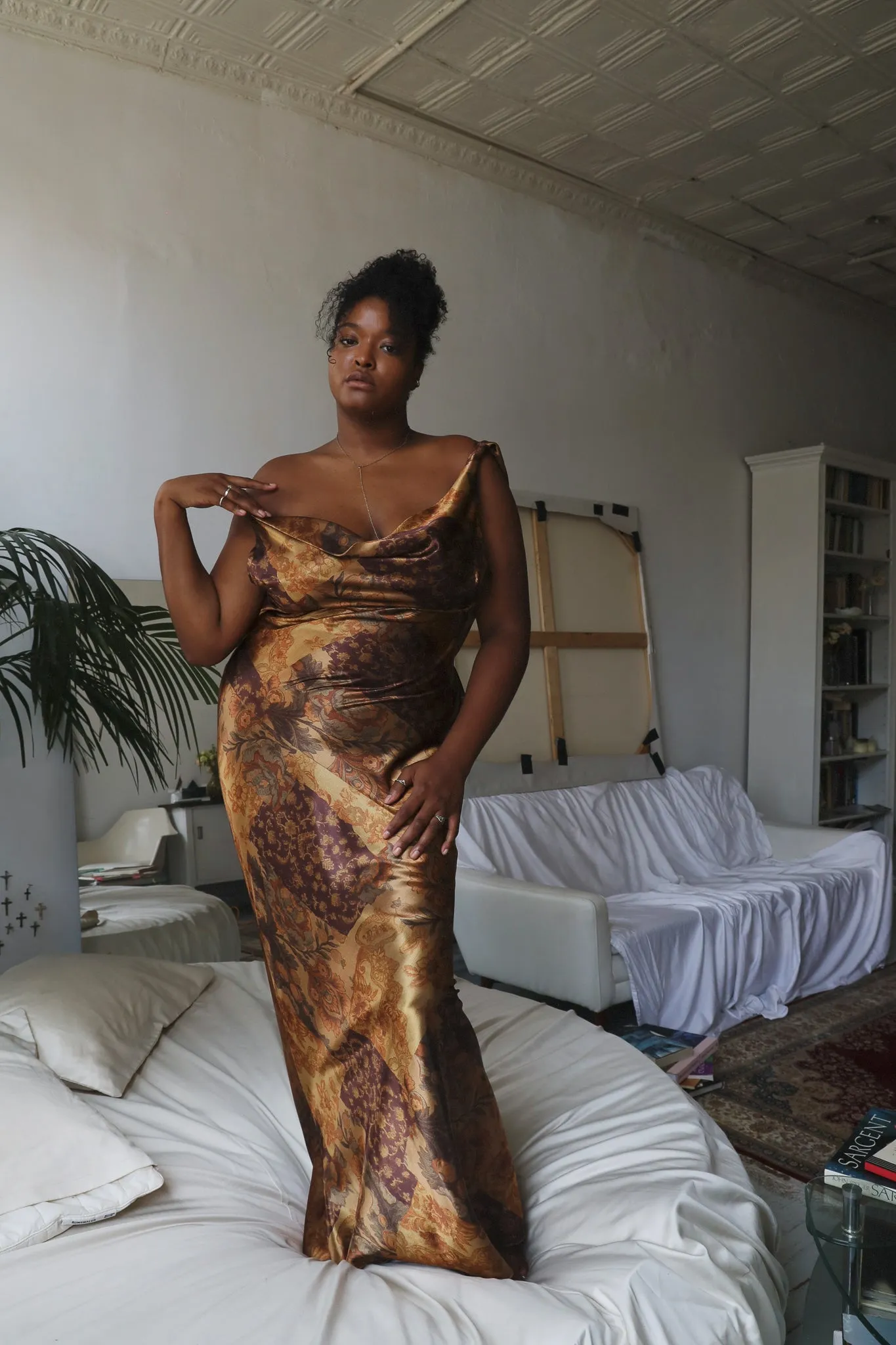 Plunging Back Cowl Dress Gold Mosaic