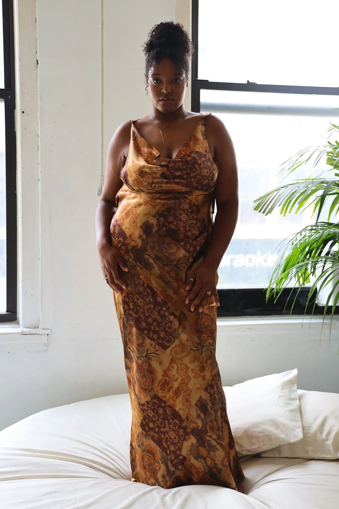 Plunging Back Cowl Dress Gold Mosaic