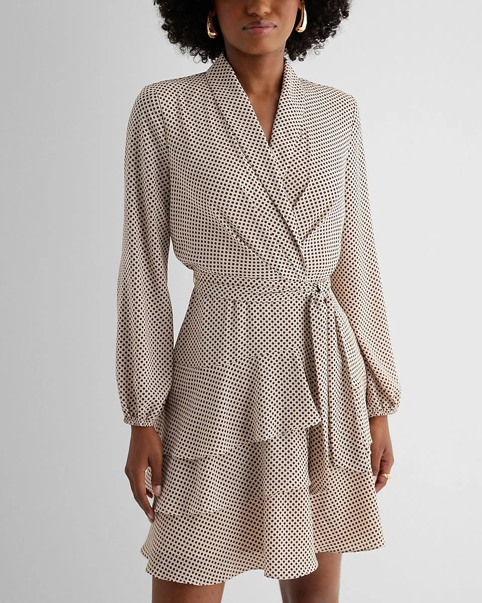 Polka Dot Collared Long Sleeve Tie Waist Tiered Mini Dress in White Print