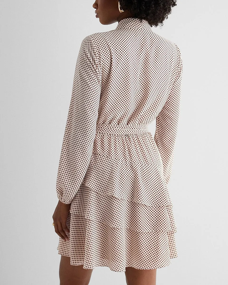 Polka Dot Collared Long Sleeve Tie Waist Tiered Mini Dress in White Print