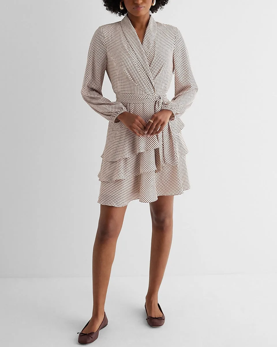 Polka Dot Collared Long Sleeve Tie Waist Tiered Mini Dress in White Print