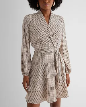 Polka Dot Collared Long Sleeve Tie Waist Tiered Mini Dress in White Print