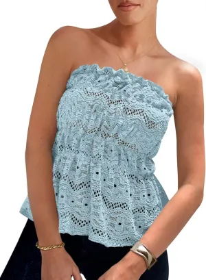 PRETTYGARDEN Tube Tops for Women 2025 Summer Strapless Off Shoulder Eyelet Smocked Peplum Trendy Going Out Boho Top