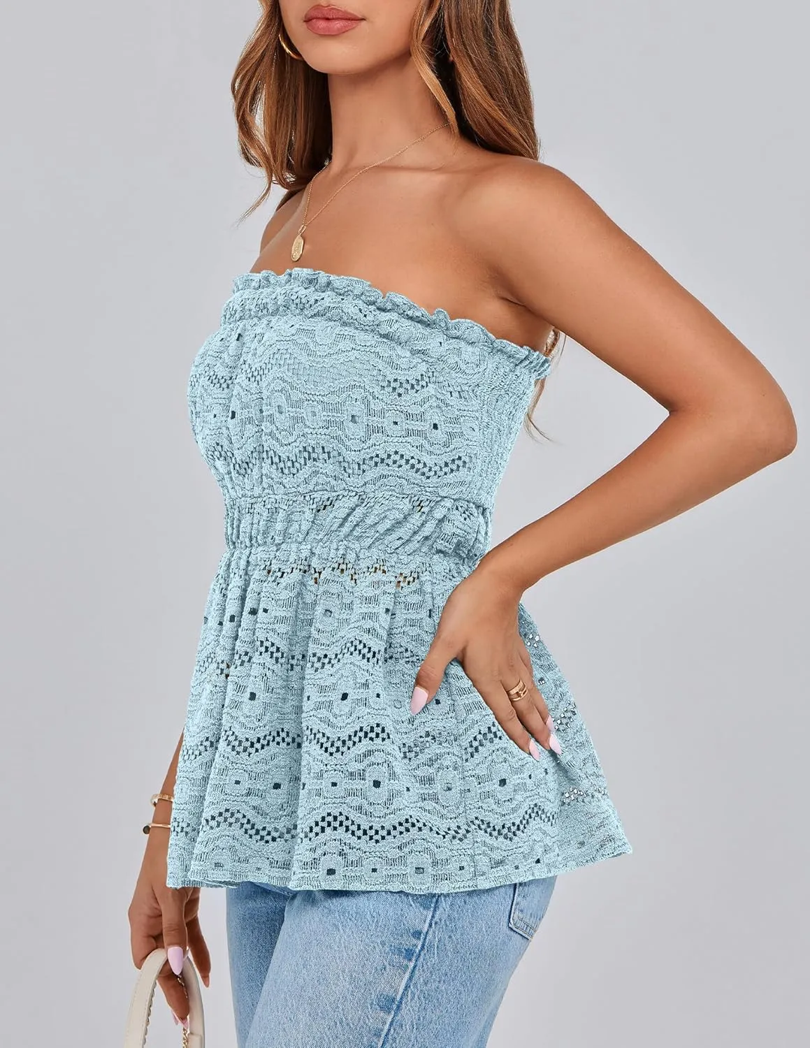 PRETTYGARDEN Tube Tops for Women 2025 Summer Strapless Off Shoulder Eyelet Smocked Peplum Trendy Going Out Boho Top