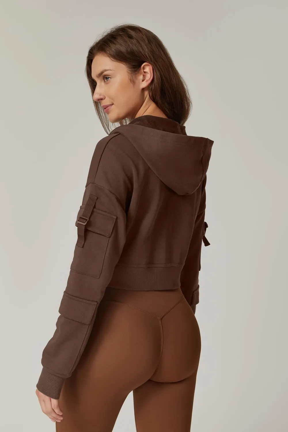 QINSEN Hoodies for Women Full Zip Up Cropped Jacket Long Sleeves with Cargo Pockets Sweatshirts Tops