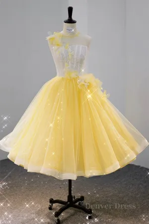 Round Neck Yellow Lace Tulle Prom Dress Yellow Lace Short Homecoming Dress Yellow Formal Graduation Evening Dress