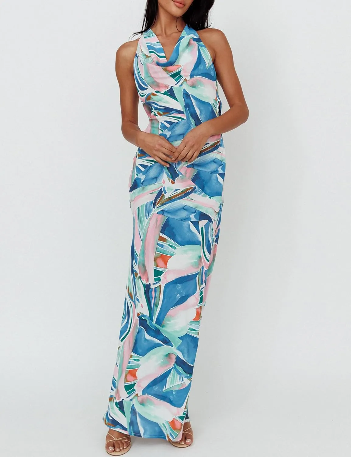 Satin Cowl Neck Sleeveless Backless Maxi Wedding Guest Dress Silk Open Back Tie Back Prom Formal Dresses for Women 2025